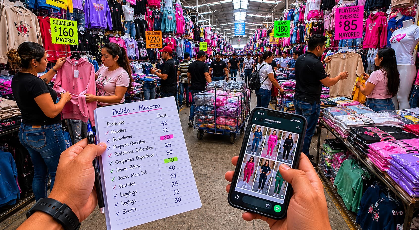 Compradora de mayoreo revisando el catálogo en su celular