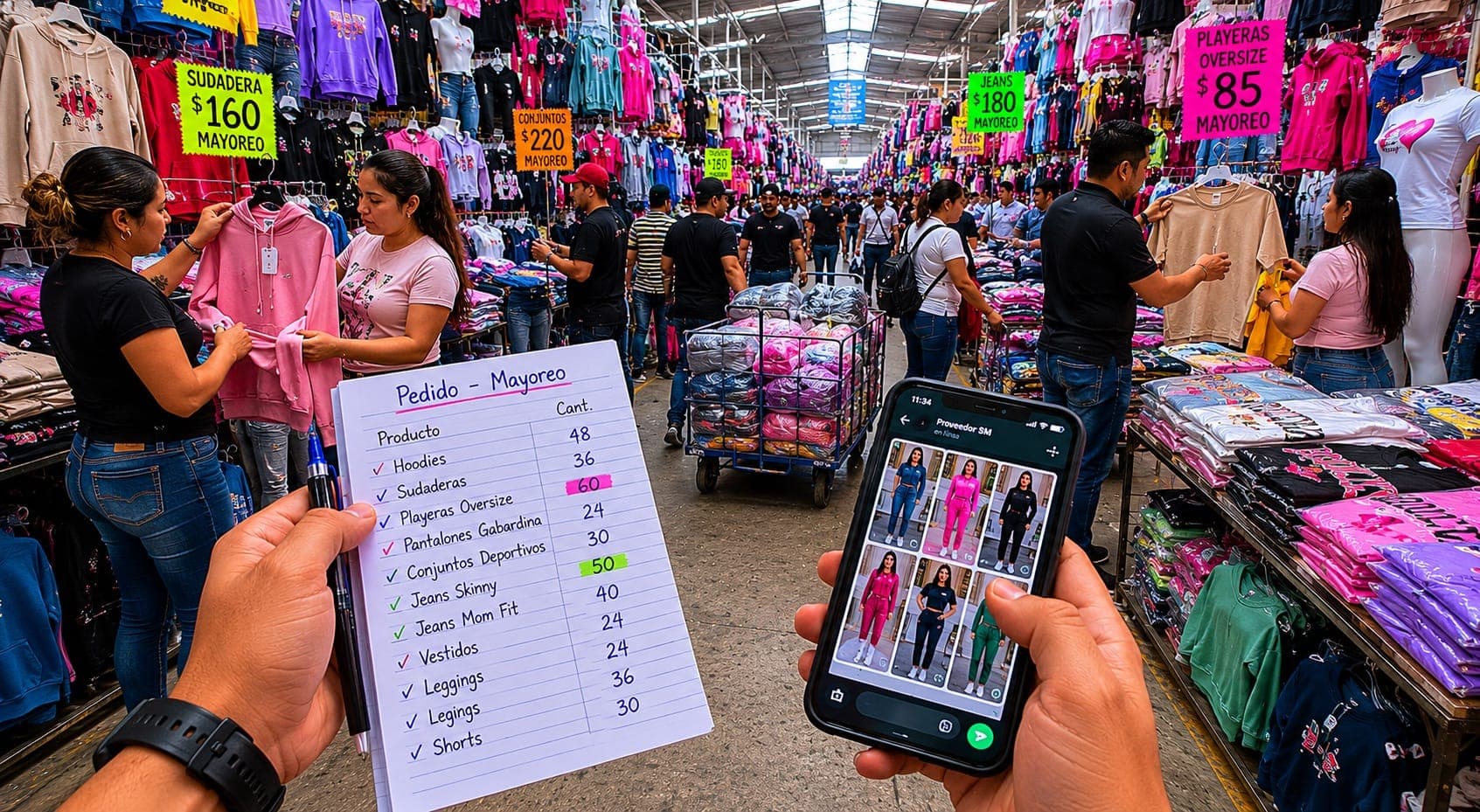 Compradora de mayoreo revisando el catálogo en su celular