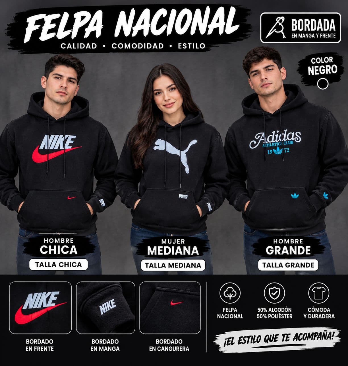 Sudadera felpa nacional bordada negra