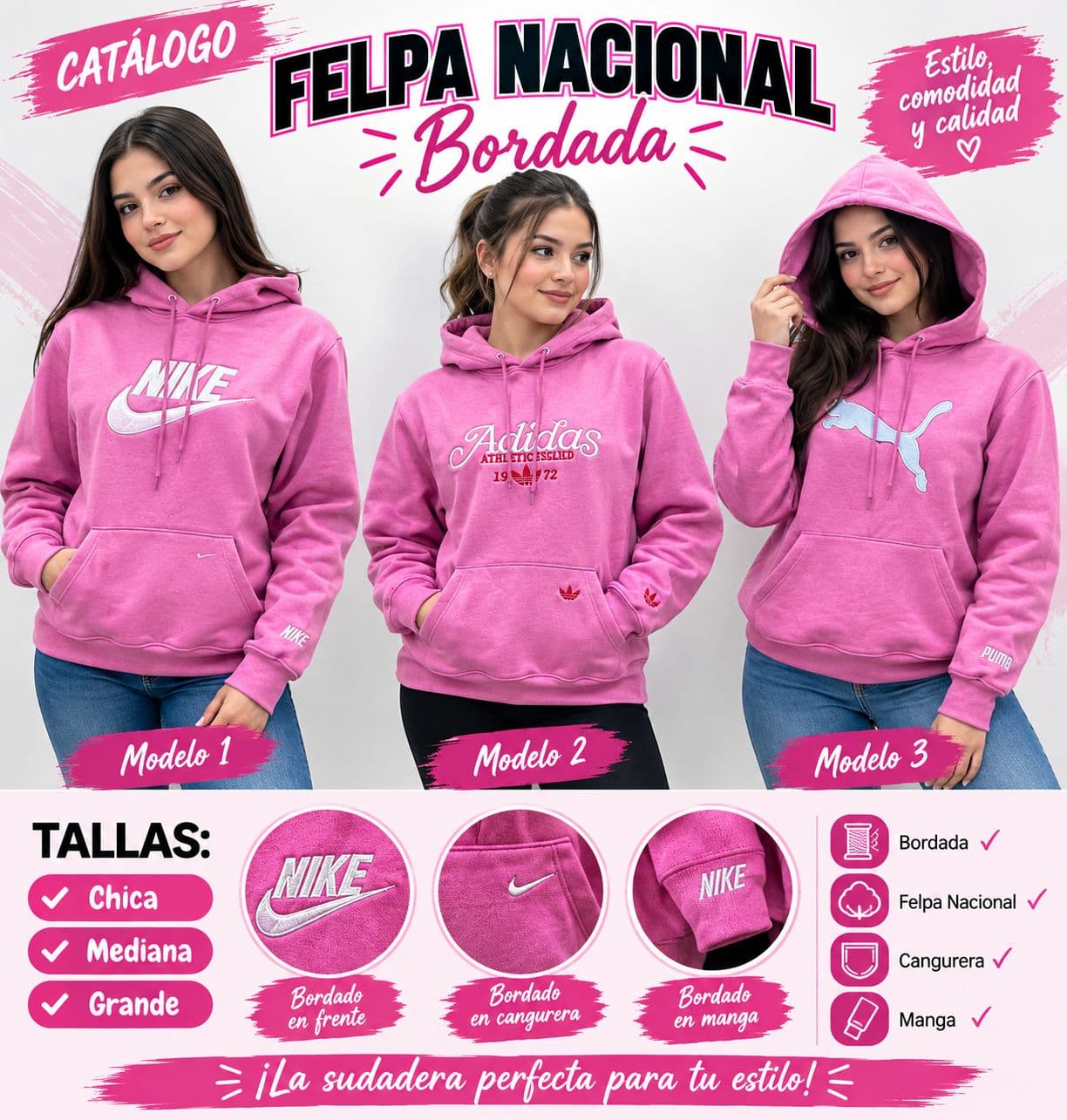 Sudadera felpa nacional bordada rosa